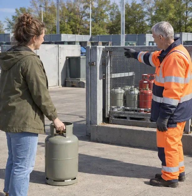 Een medewerker wijst bij een afvalbrengstation een afgesloten inzamelplek voor gasflessen aan.