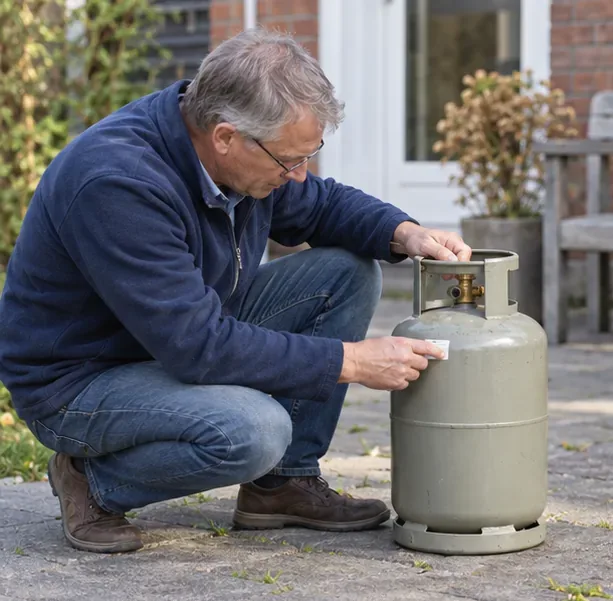 Een inwoner bekijkt het etiket en de gesloten kraan van een rechtopstaande gasfles voordat hij een retour- of afvalroute kiest.