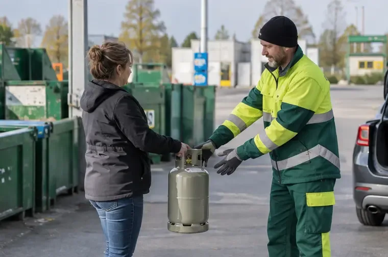 Een medewerker van een milieustraat neemt een rechtop gehouden metalen gasfles aan van een bezoeker
