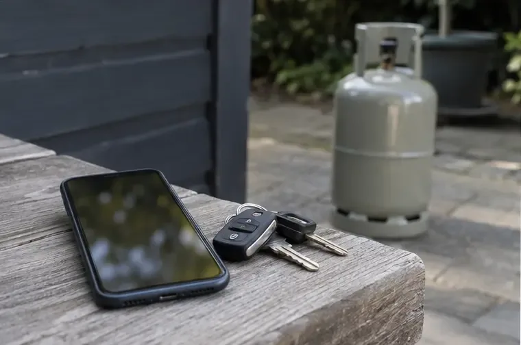 Een smartphone en autosleutels liggen op een houten bank terwijl een gasfles op de achtergrond rechtop staat