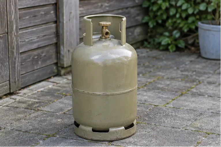 Oude metalen gasfles die rechtop buiten op een betegeld terras staat