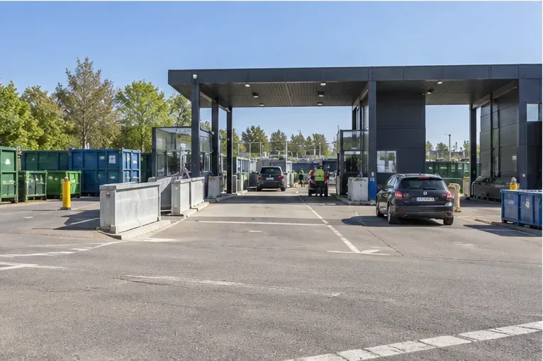Ingang van een modern milieupark met rijbanen, containers en voertuigen bij de inname