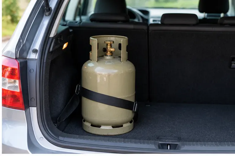 Een gasfles staat rechtop en met een band vastgezet in de bagageruimte van een auto.