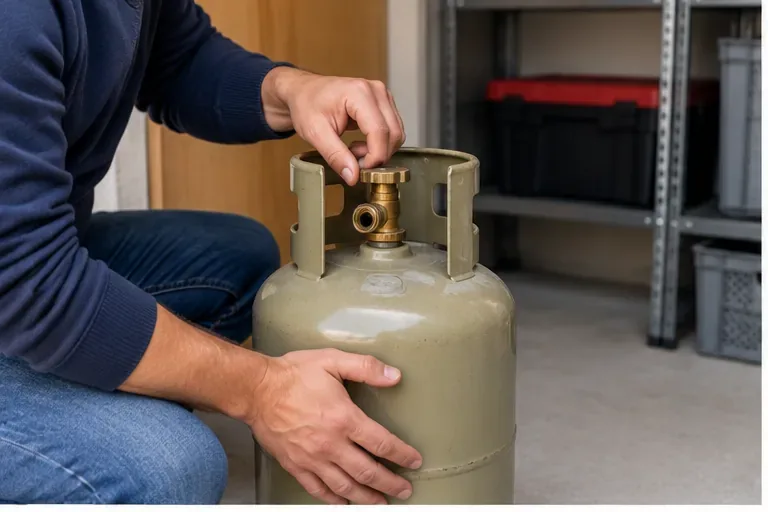 Een persoon controleert voorzichtig de afsluiter van een gebruikte gasfles zonder de fles te demonteren.