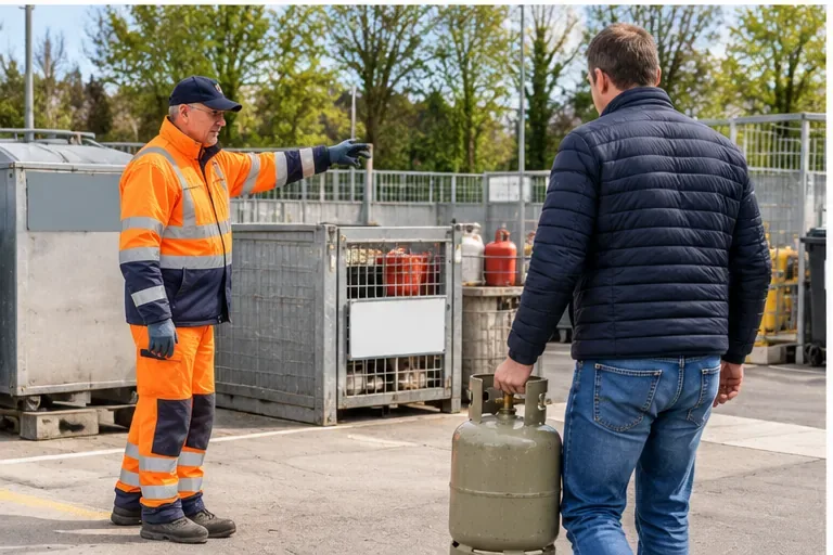 Een inwoner arriveert met een gasfles bij een milieustraat en krijgt aanwijzingen van een medewerker.