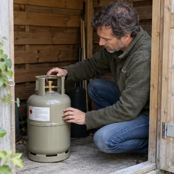 Een man controleert de staat en het label van een intacte gasfles in een schuurtje.