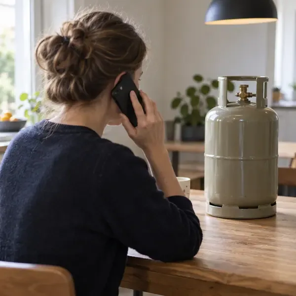 Een vrouw belt een gasleverancier terwijl een intacte gasfles rechtop naast haar staat.