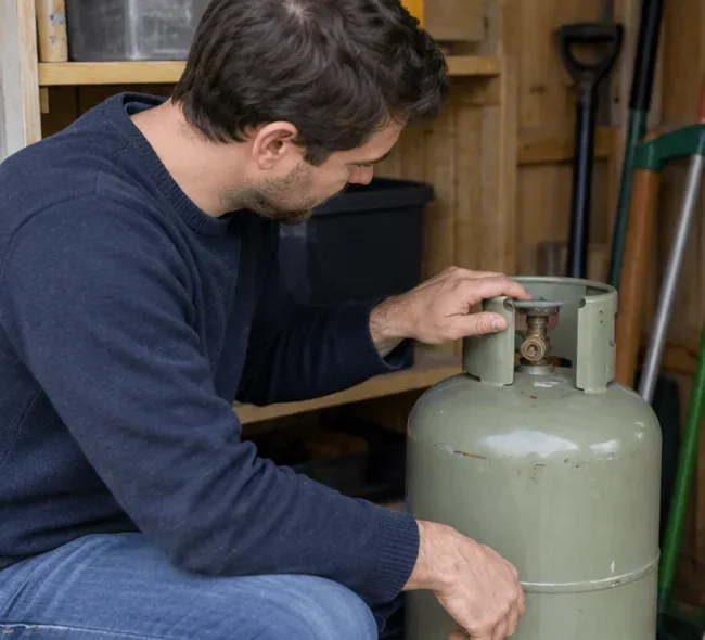 Een man controleert de kraan en buitenkant van een grijze gasfles in een goed verlichte schuur.