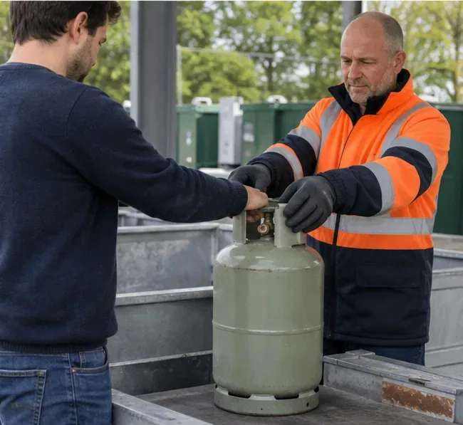 Een medewerker in een oranje veiligheidsjas neemt bij een afvalbrengstation een grijze gasfles aan van een bezoeker.