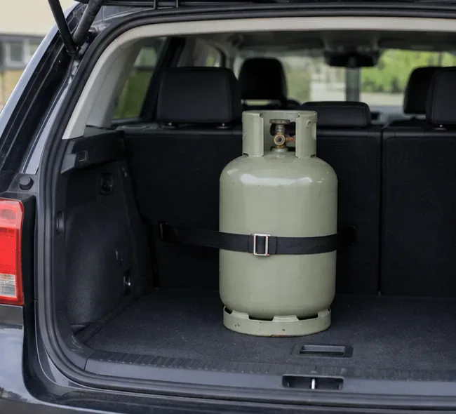 Een grijze gasfles staat rechtop in de bagageruimte van een auto en is met een brede band vastgezet.