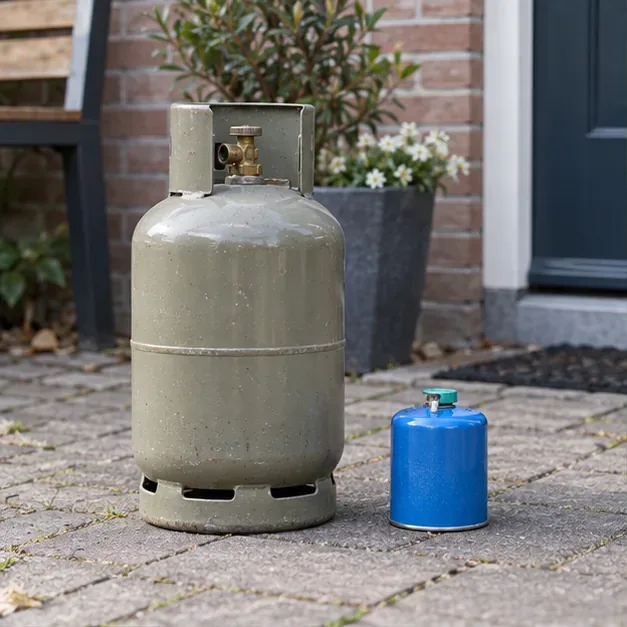Een grote grijze hervulbare gasfles staat naast een kleine blauwe wegwerpcartouche op een betegeld terras