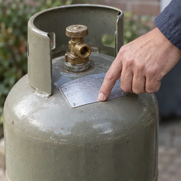 Een hand wijst op het typeplaatje van een rechtopstaande gasfles bij de gesloten kraan