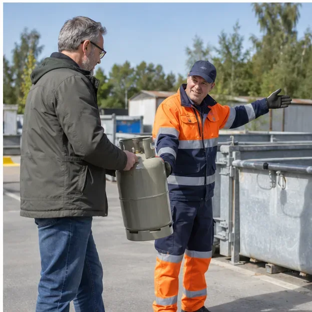 Een medewerker van een milieustraat neemt een gasfles aan van een bewoner