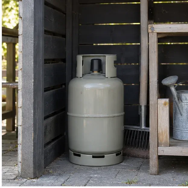 Een gasfles staat rechtop onder een beschutte en goed geventileerde overkapping