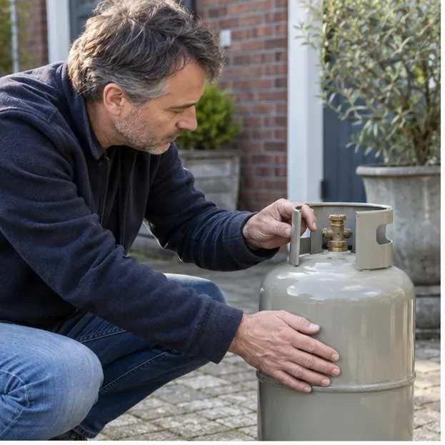 Een bewoner controleert buiten een intacte gasfles en de afsluiter voordat deze wordt ingeleverd