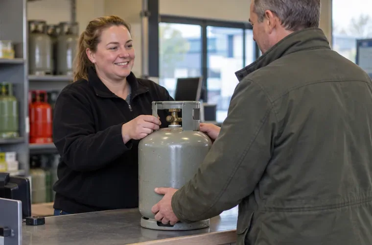 Een medewerker bij een gasverkooppunt neemt een metalen gasfles aan van een klant.
