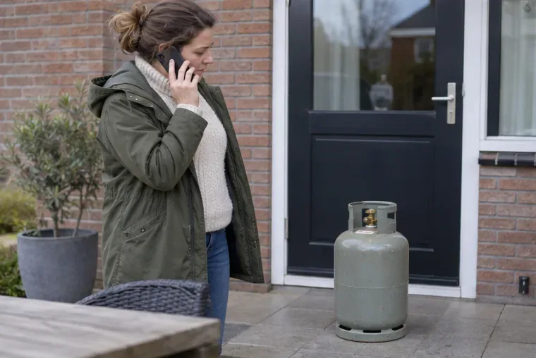 Een vrouw belt met haar telefoon terwijl een gesloten metalen gasfles rechtop buiten naast haar staat.