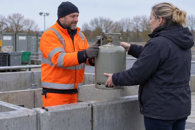 Een medewerker in een reflecterend jack ontvangt een metalen gasfles van een bezoeker bij een afgeschermde inzamelzone.