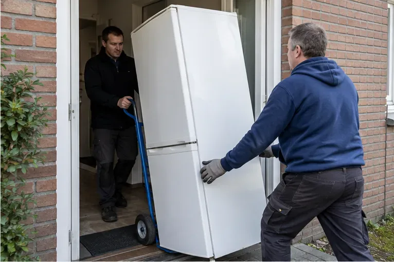 Twee personen verplaatsen een koelkast rechtop met een steekwagen door een deuropening.