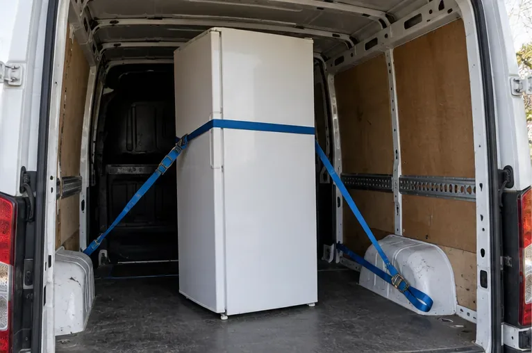 Een koelkast staat rechtop en met spanbanden vastgezet in de laadruimte van een bestelwagen.