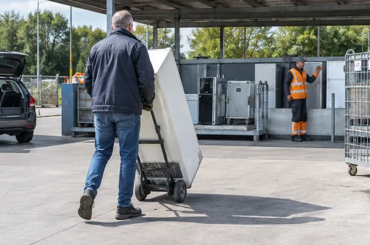Bezorgers halen bij een voordeur een oude koelkast op terwijl een nieuwe koelkast wordt afgeleverd