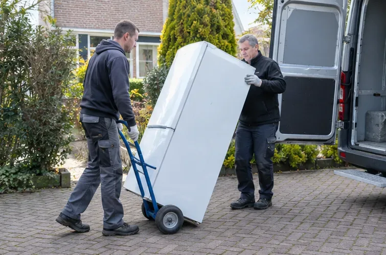 Een man vervoert een koelkast op een steekwagen naar een inzamelgebouw voor apparaten