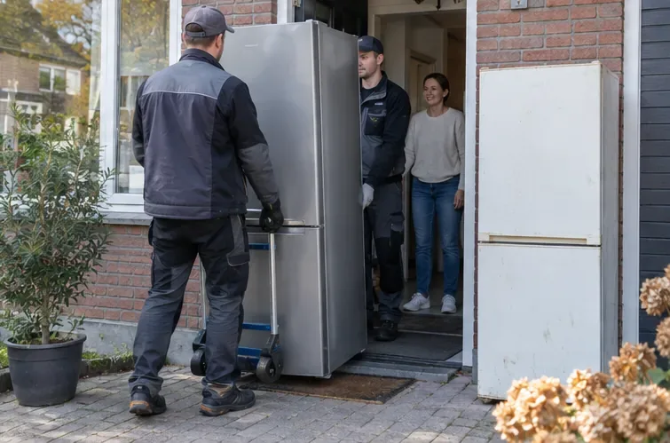 Twee mannen verplaatsen een koelkast rechtop met een apparaatsteekwagen bij een woning