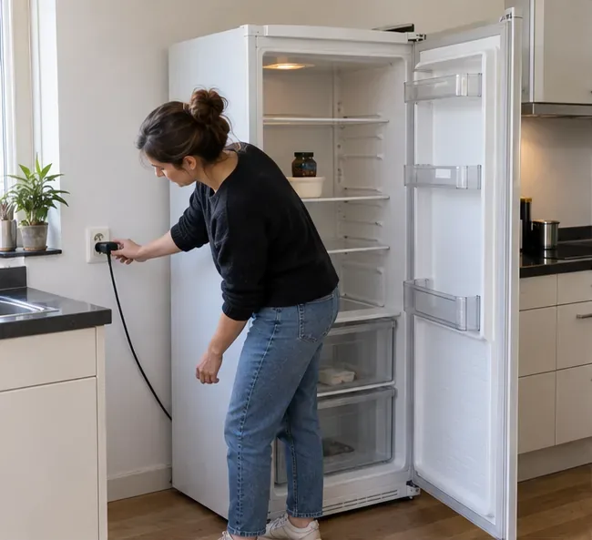 Een vrouw trekt de stekker van een lege koelkast uit het stopcontact in een keuken