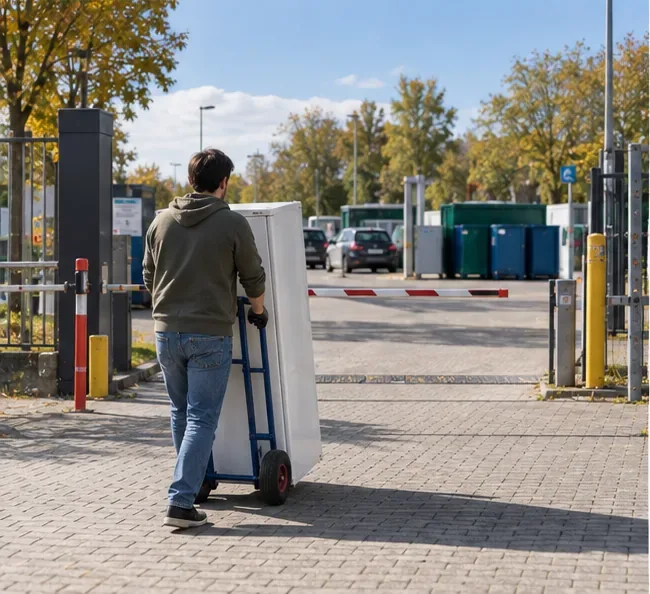 Een man brengt een koelkast op een steekwagen naar de ingang van een gemeentelijk afvalbrengstation