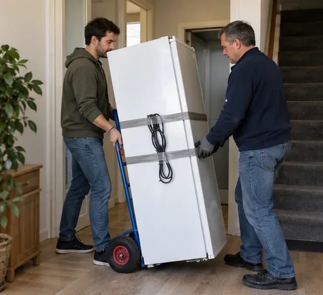 Twee mannen verplaatsen een rechtopstaande koelkast met een steekwagen door een woning