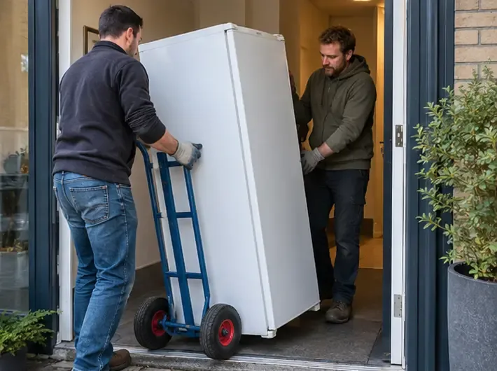 Twee volwassenen verplaatsen een koelkast rechtop met een steekwagen door een deuropening