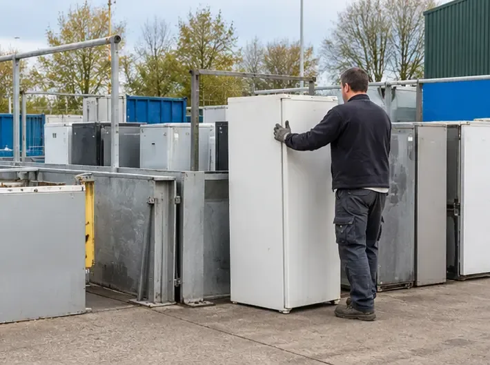 Oude koelkast tussen andere grote elektrische apparaten op een gemeentelijk milieustation