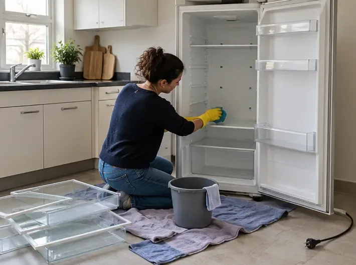 Lege koelkast met verwijderde plateaus, open deur en uitgetrokken stekker in een keuken