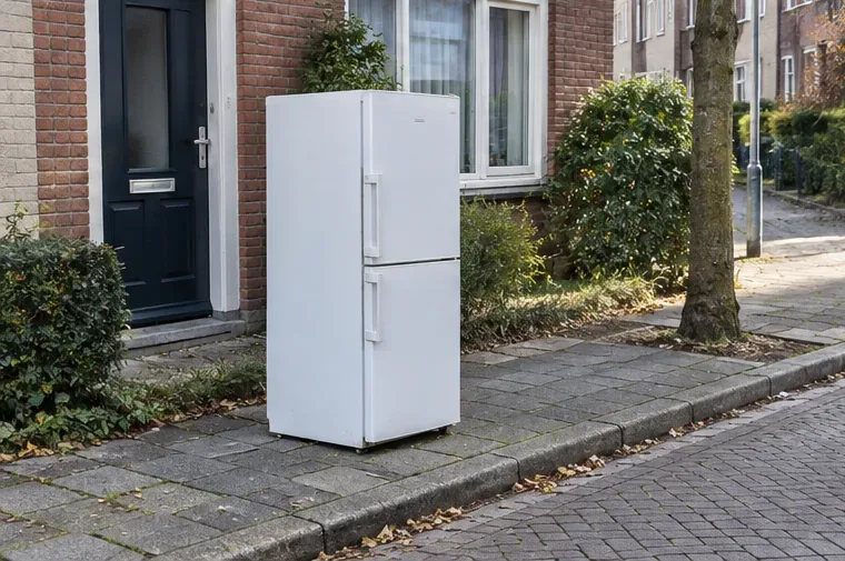 Een witte koelkast staat buiten op de stoep voor een rijtjeshuis in een woonstraat.