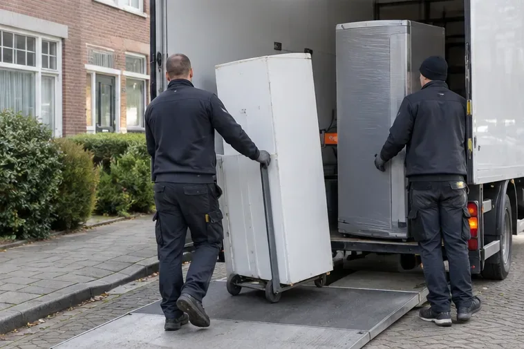 Twee bezorgers rijden een oude witte koelkast op een steekwagen via de laadklep van een vrachtwagen.