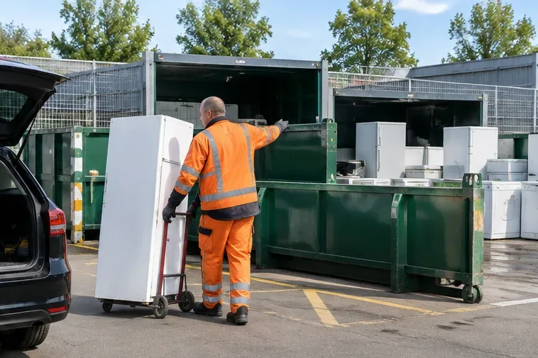 Een medewerker begeleidt een oude witte koelkast op een steekwagen bij grote containers op een afvalbrengstation.
