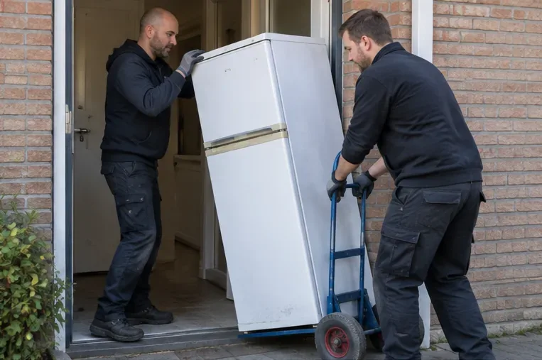 Twee personen verplaatsen een oude koelkast met een steekwagen door een voordeur