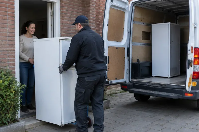 Een medewerker haalt een oude koelkast bij een woning op en brengt deze naar een bestelwagen