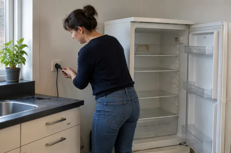 Een lege oude koelkast in een keuken terwijl de stekker uit het stopcontact wordt gehaald
