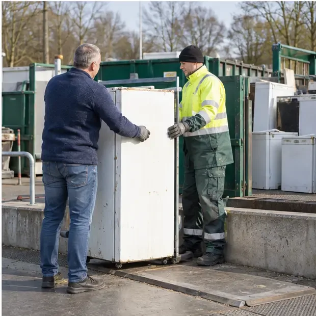 Een inwoner draagt een oude koelkast over aan een medewerker bij een gemeentelijk recyclingpunt