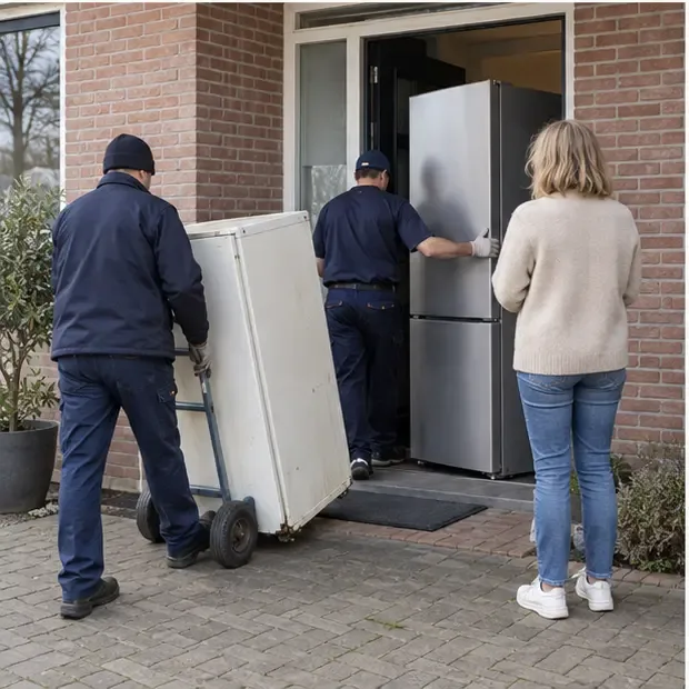 Bezorgers nemen een oude koelkast mee terwijl een nieuwe koelkast bij een woning wordt geleverd