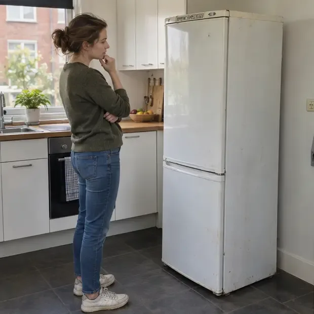 Een bewoner beoordeelt een oude koelkast in een Nederlandse keuken voordat zij een afvoerroute kiest