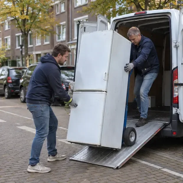 Twee volwassenen verplaatsen een koelkast met een steekwagen naar een bestelwagen