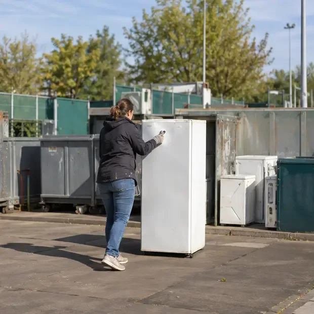 Een bewoner brengt een oude koelkast naar een zone voor grote huishoudelijke apparaten op een recyclingterrein