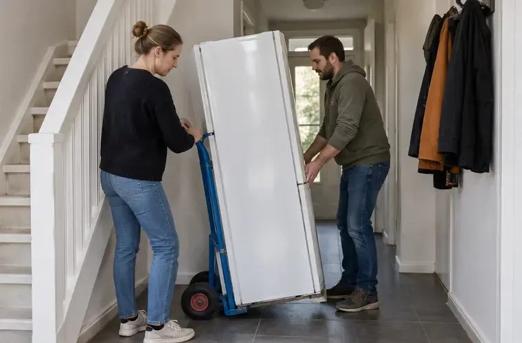 Twee volwassenen verplaatsen een koelkast rechtop met een steekwagen door een hal