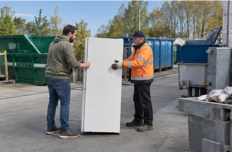 Medewerker van een afvalbrengstation neemt een koelkast rechtop aan bij gescheiden containers