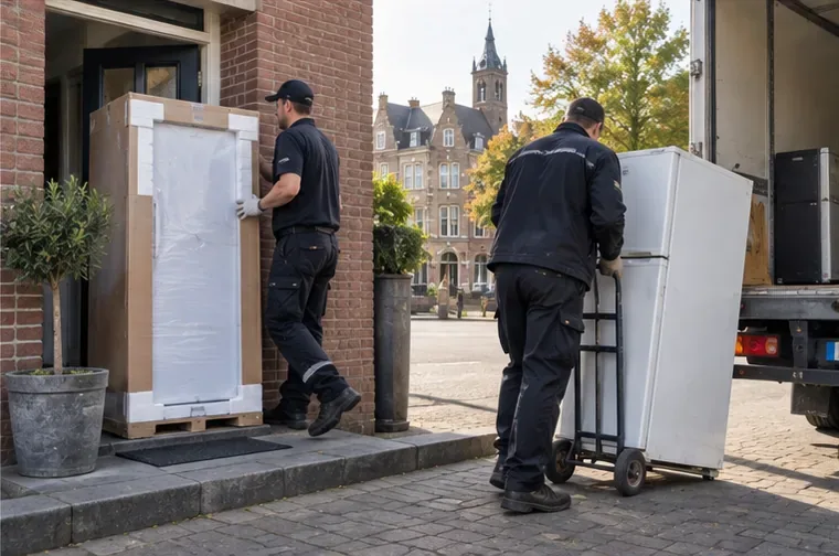 Bezorgers brengen een nieuwe koelkast naar binnen terwijl een oude koelkast op een steekwagen wordt afgevoerd.