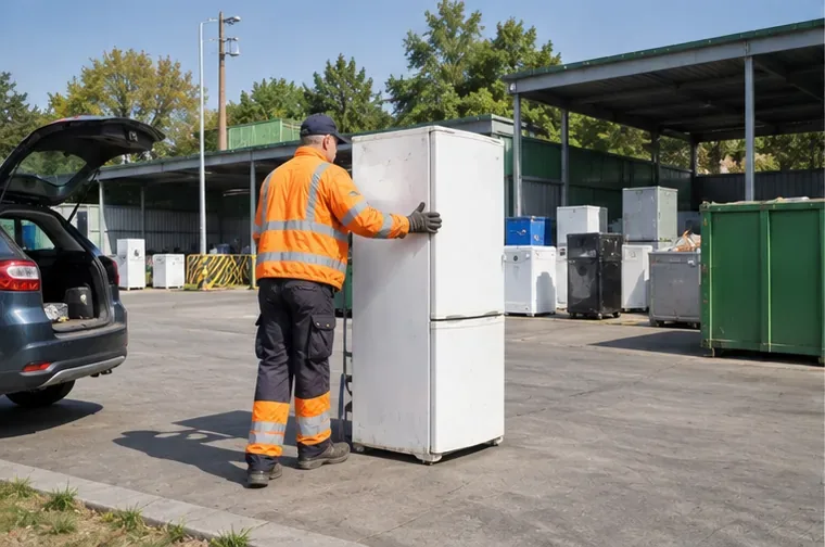 Een medewerker in oranje veiligheidskleding begeleidt een oude koelkast op een gemeentelijk recyclingterrein.