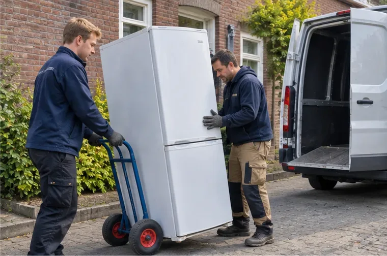 Twee verhuizers rijden een koelkast rechtop op een steekwagen richting een bestelbus.
