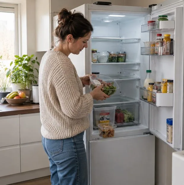 Een vrouw haalt etenswaren uit een koelkast met de deuren open in een lichte keuken.
